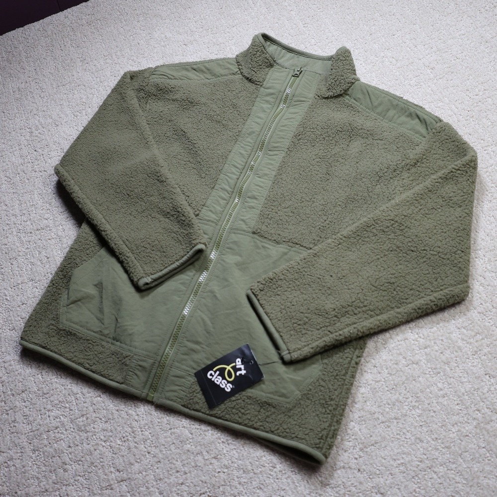 Art Class Boys Sherpa Fleece Full Zip Jacket Olive Green L 10/12 NEW